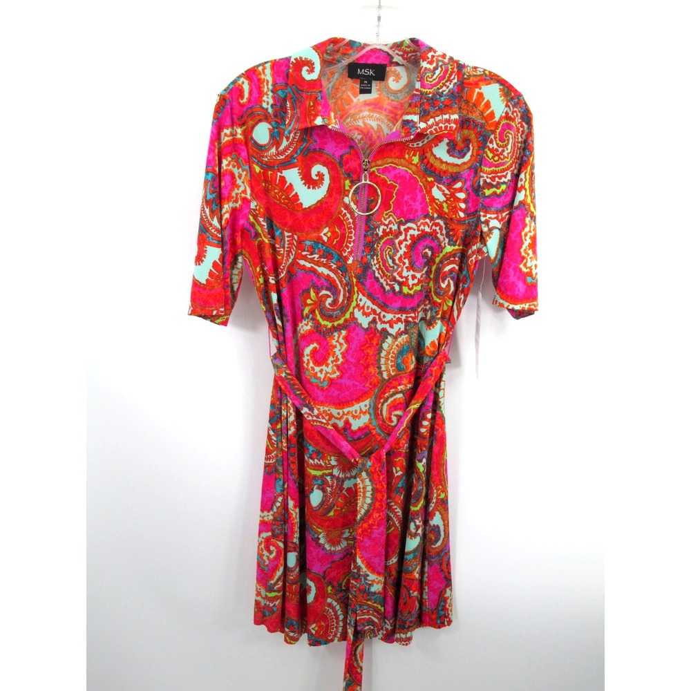 MSK Midi Fit & Flare Dress Women Med Fuchsia Paisley Whimsical Mosaic Zip Belted